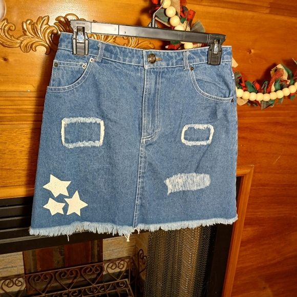 POL Dresses & Skirts - POL Mini Skirt With Stars & Cut-Outs Distressed Denim